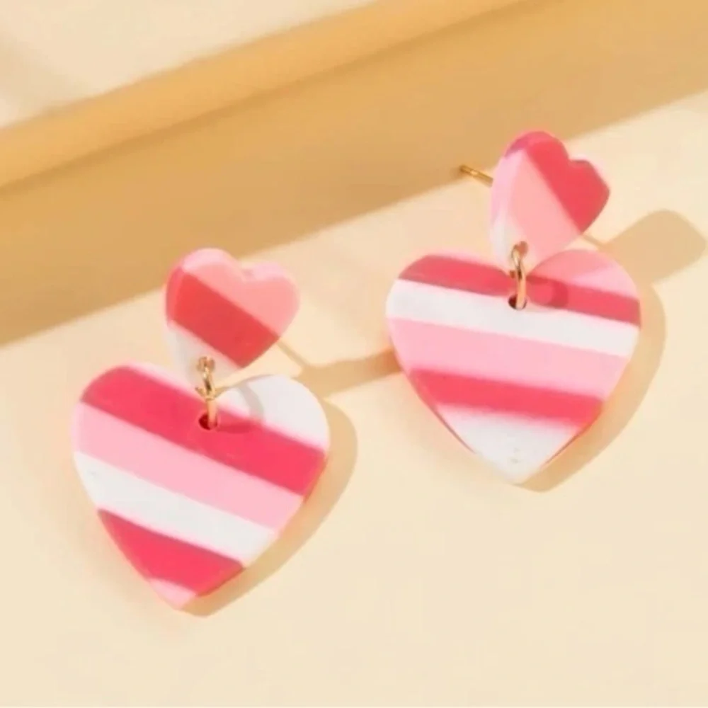 Pink Heart Dangle Earrings Striped Acrylic Coquette Valentine